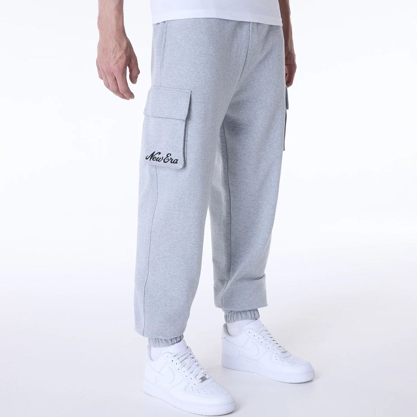 The Male model is wearing New Era Script Grey Fleece Joggers 8