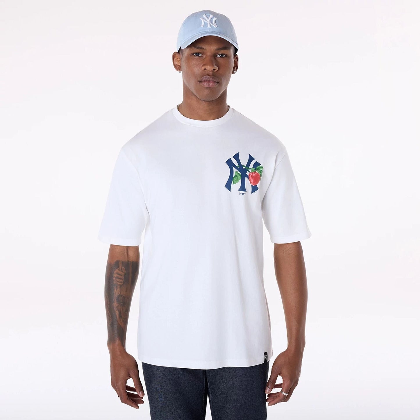 The Male model is wearing New York Yankees MLB Fruit Open White T-Shirt 5