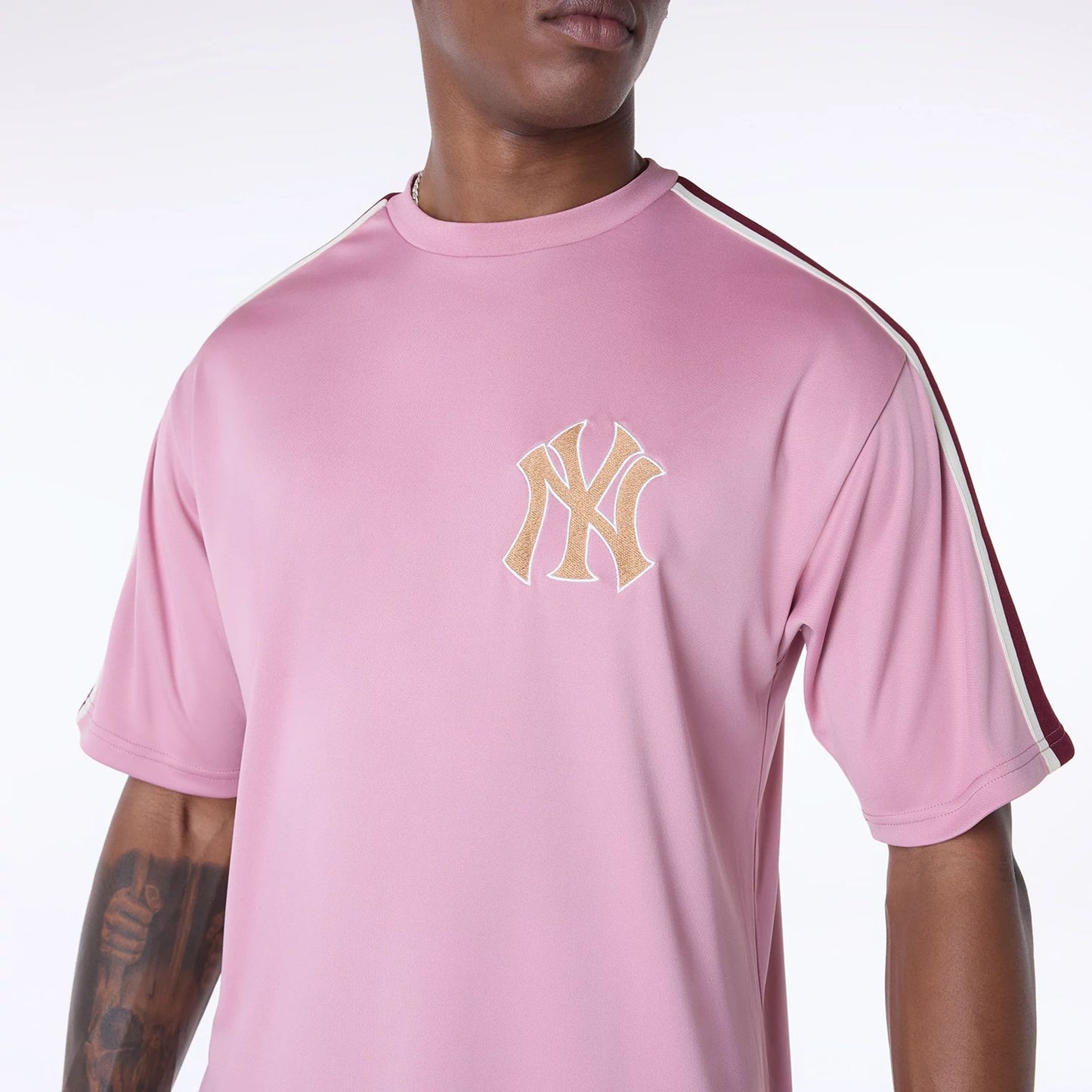 The Male model is wearing New York Yankees MLB Floral Dark Pink Oversized T-Shirt 4