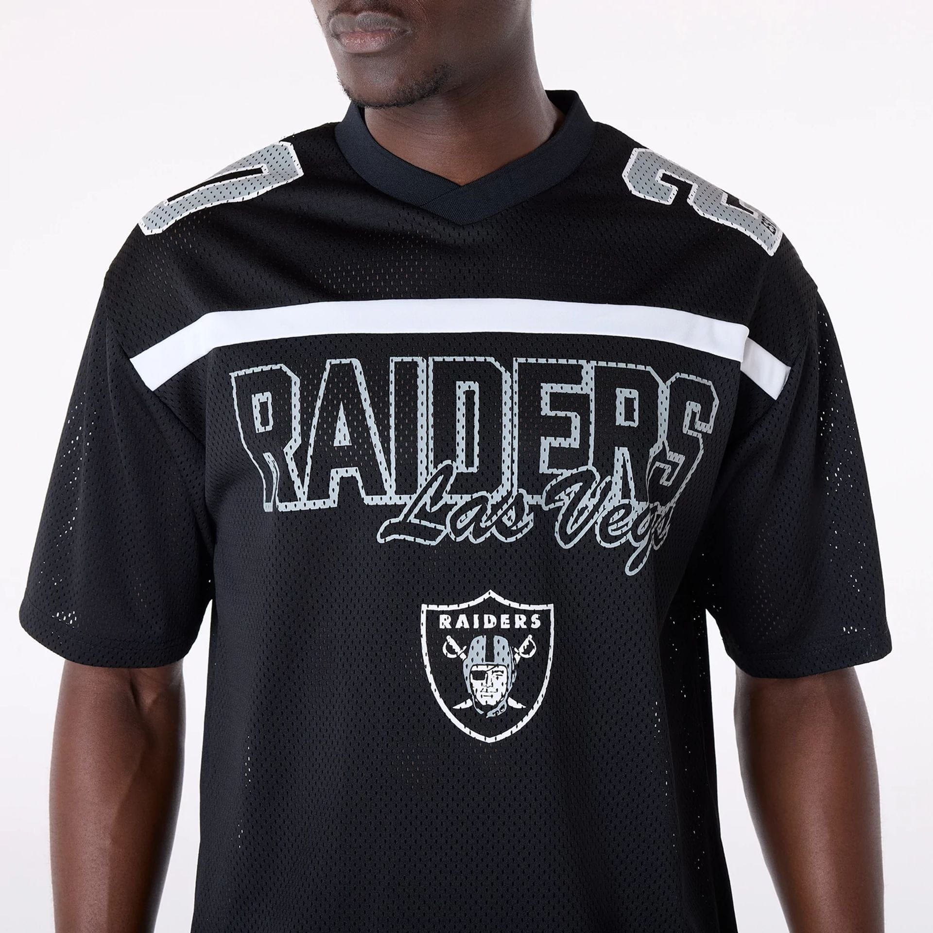 The Male model is wearing Las Vegas Raiders NFL Mesh Black T-Shirt 8