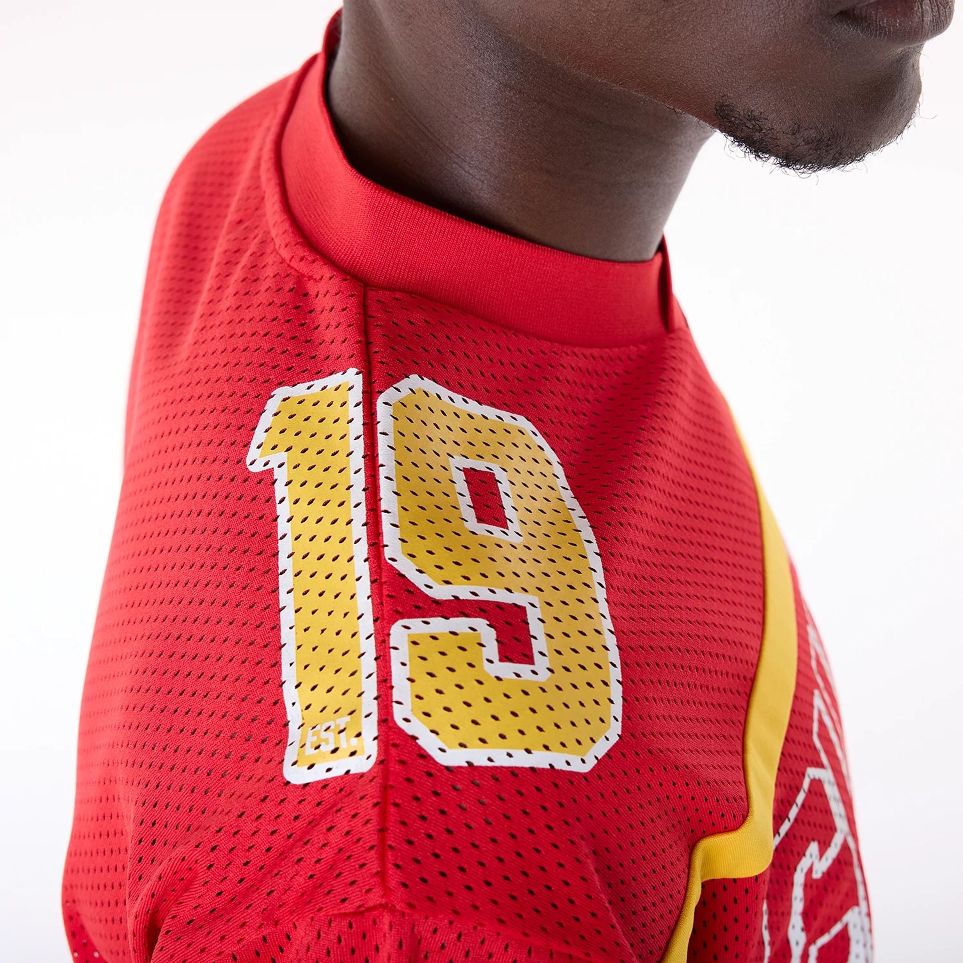 The Male model is wearing Kansas City Chiefs NFL Mesh Red T-Shirt 6