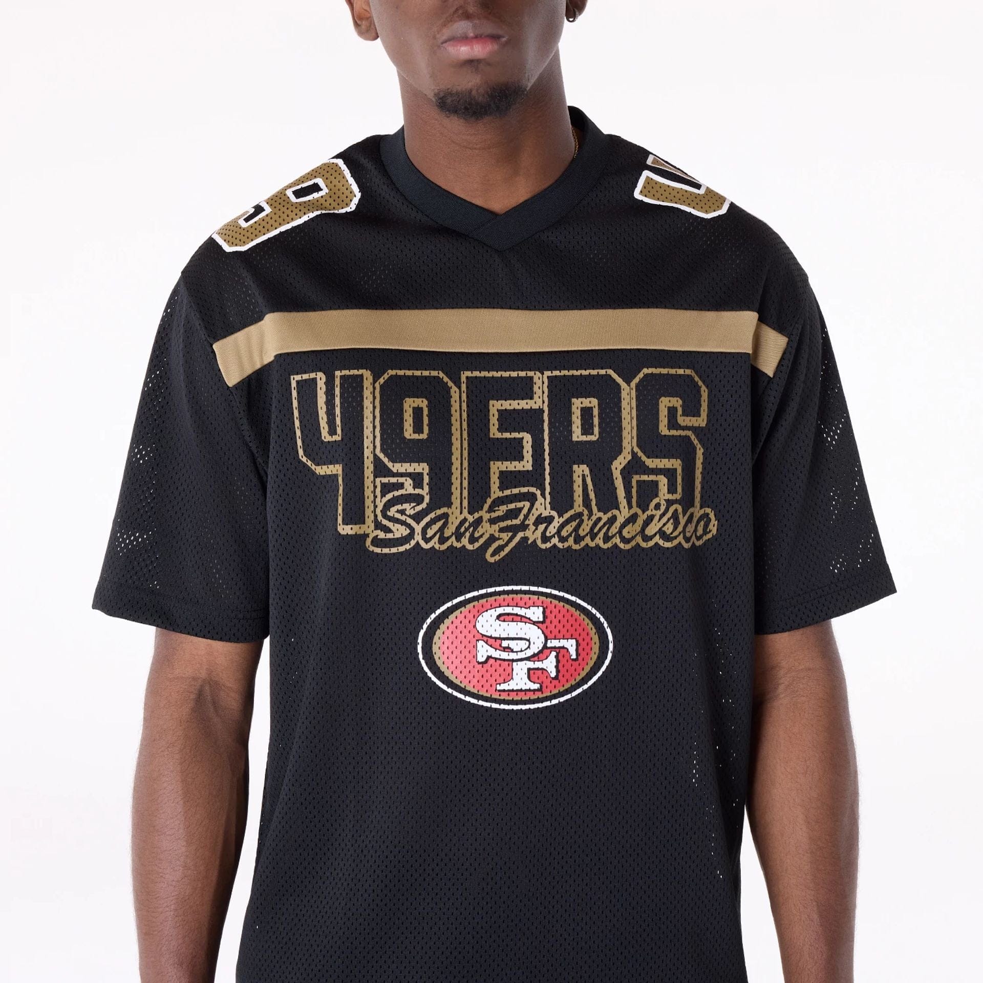 The Male model is wearing San Francisco 49ers NFL Mesh Black T-Shirt 3