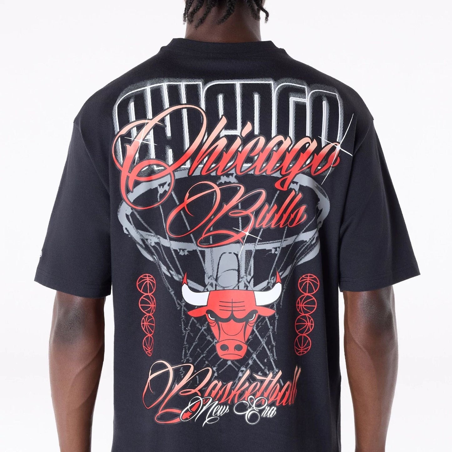 The Male model is wearing Chicago Bulls NBA Font Graphic Black T-Shirt 5