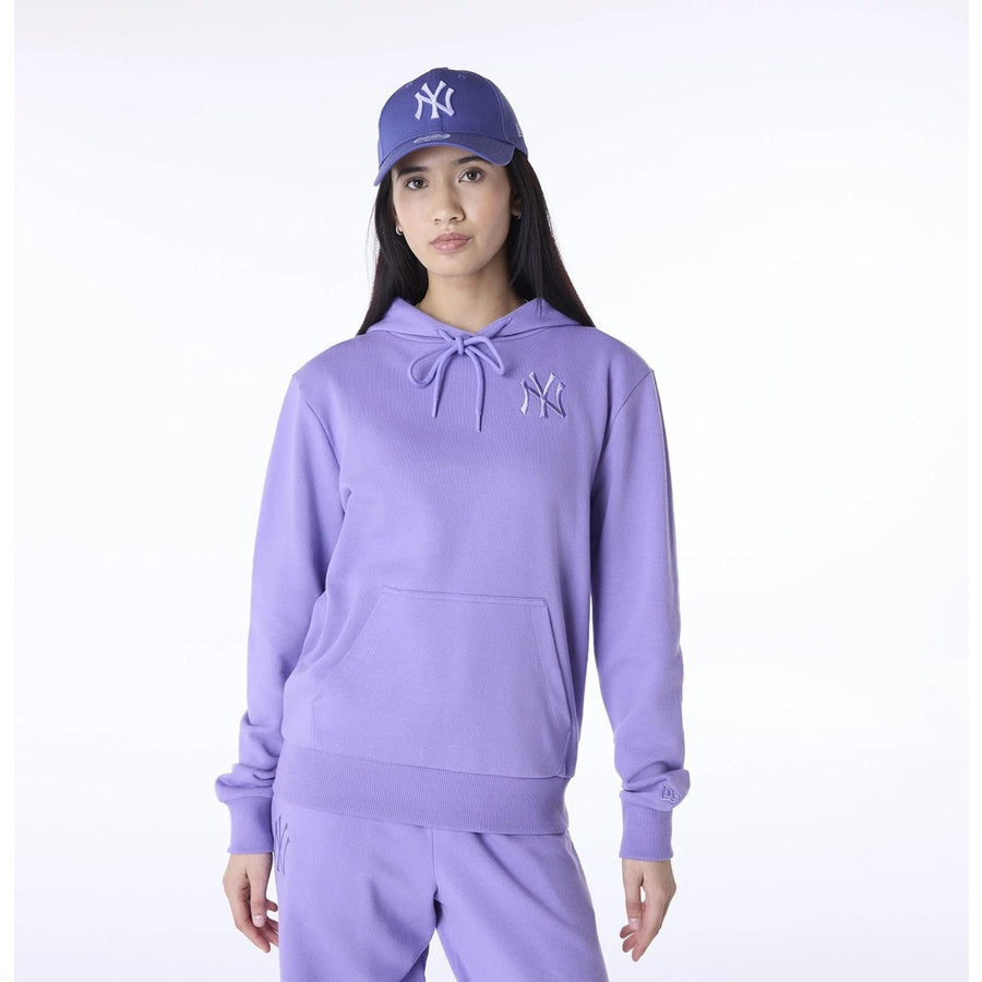 The Female model is wearing New York Yankees Womens MLB League Essential Purple Pullover Hoodie 1