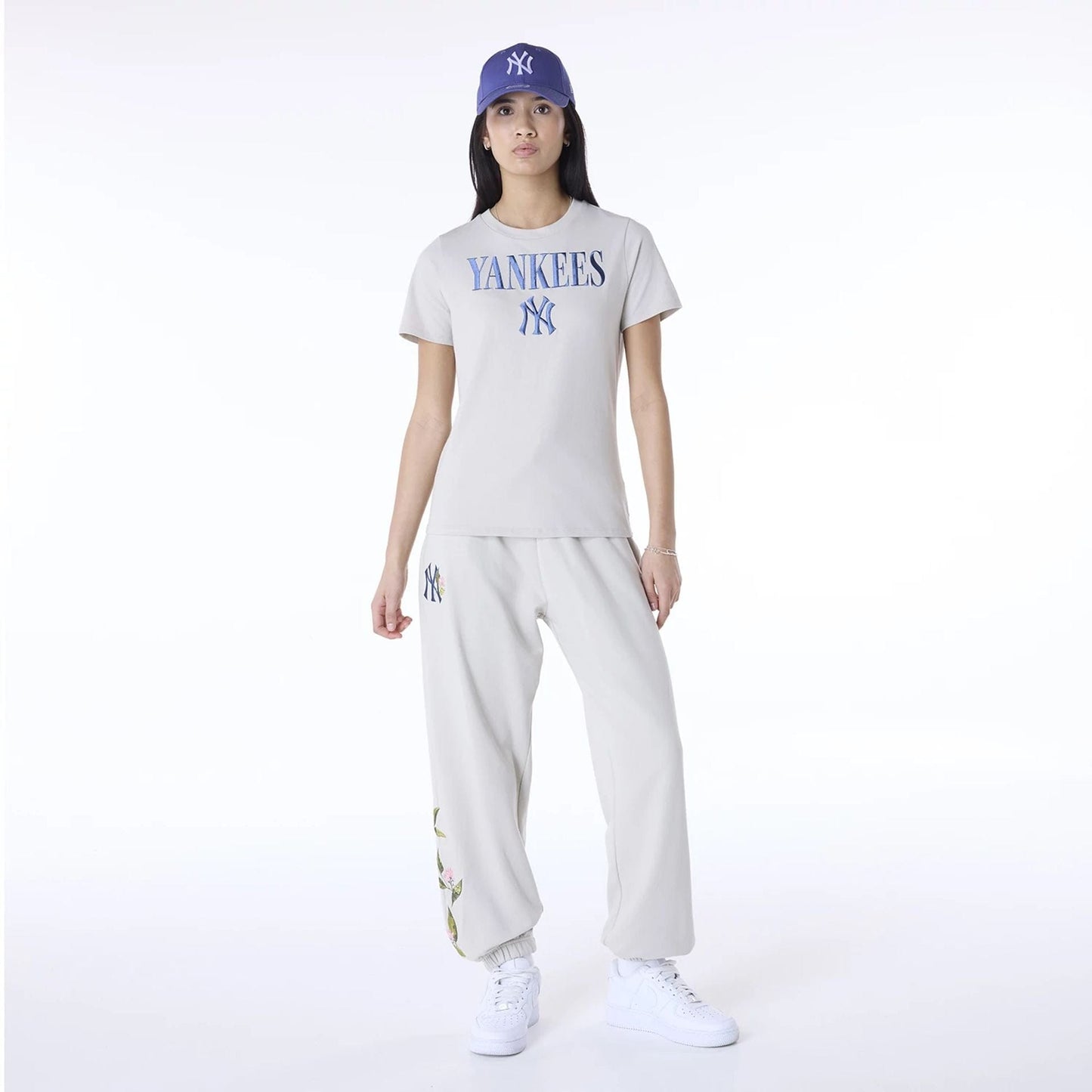 The Female model is wearing New York Yankees Womens MLB Light Beige T-Shirt 3