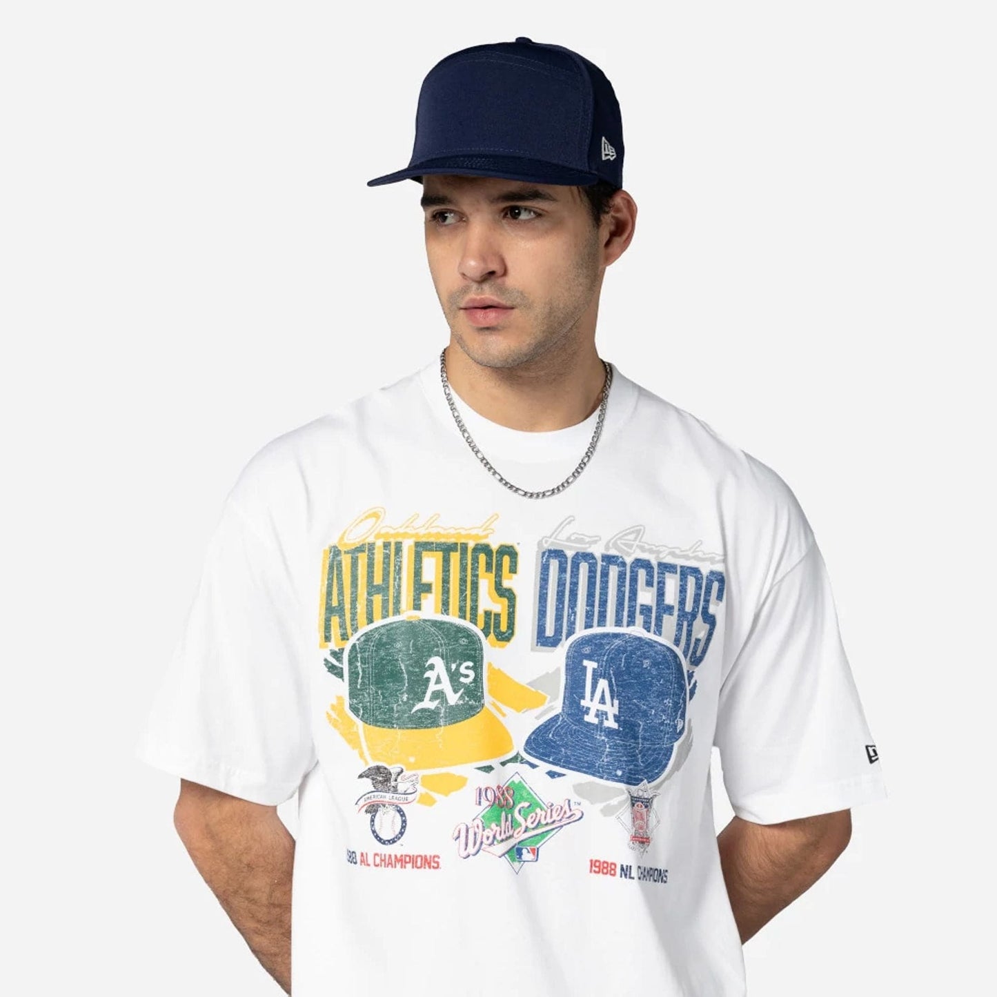 The Male model is wearing MLB Dueling Logos Oakland Athletics VS LA Dodgers Sport Classic White T-Shirt 2