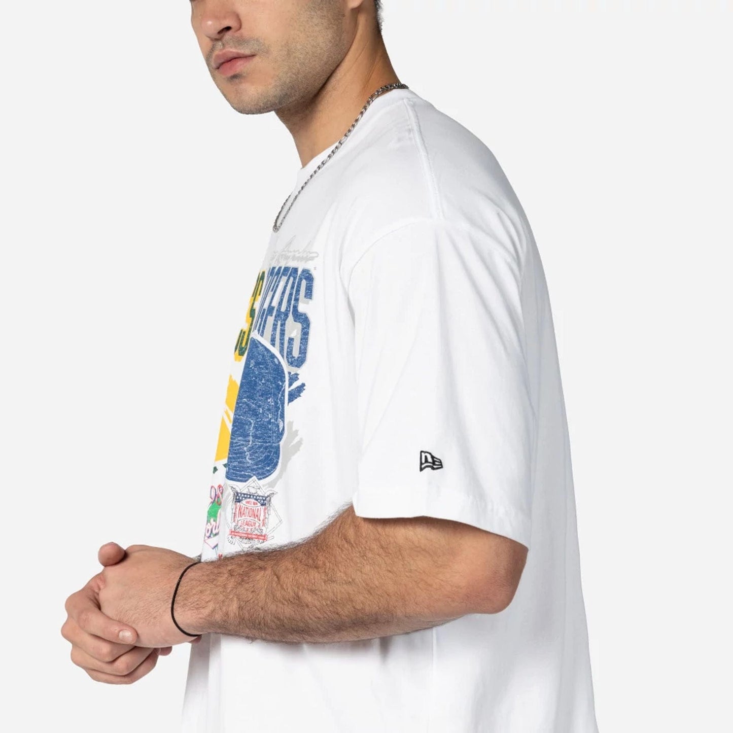 The Male model is wearing MLB Dueling Logos Oakland Athletics VS LA Dodgers Sport Classic White T-Shirt 3