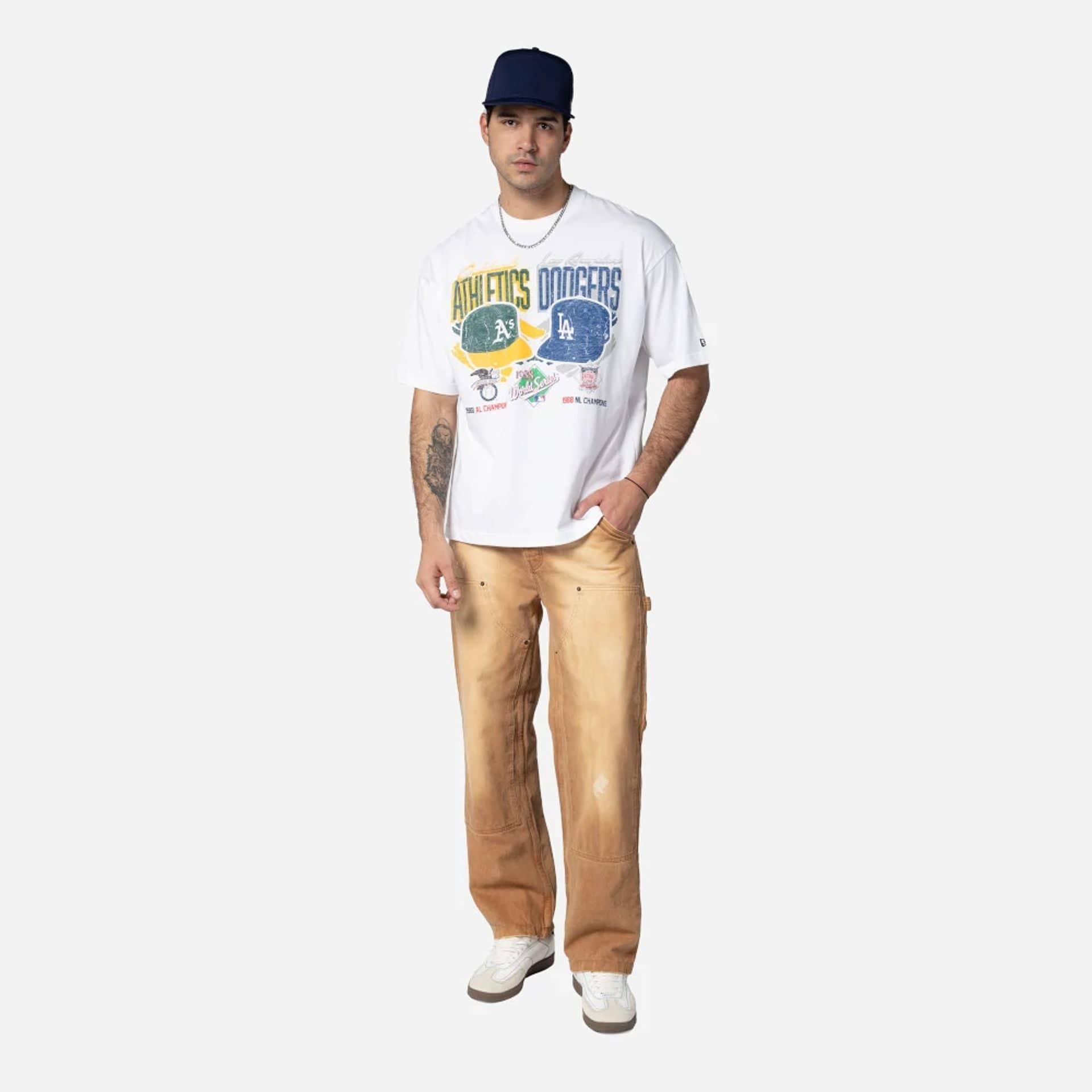 The Male model is wearing MLB Dueling Logos Oakland Athletics VS LA Dodgers Sport Classic White T-Shirt 4