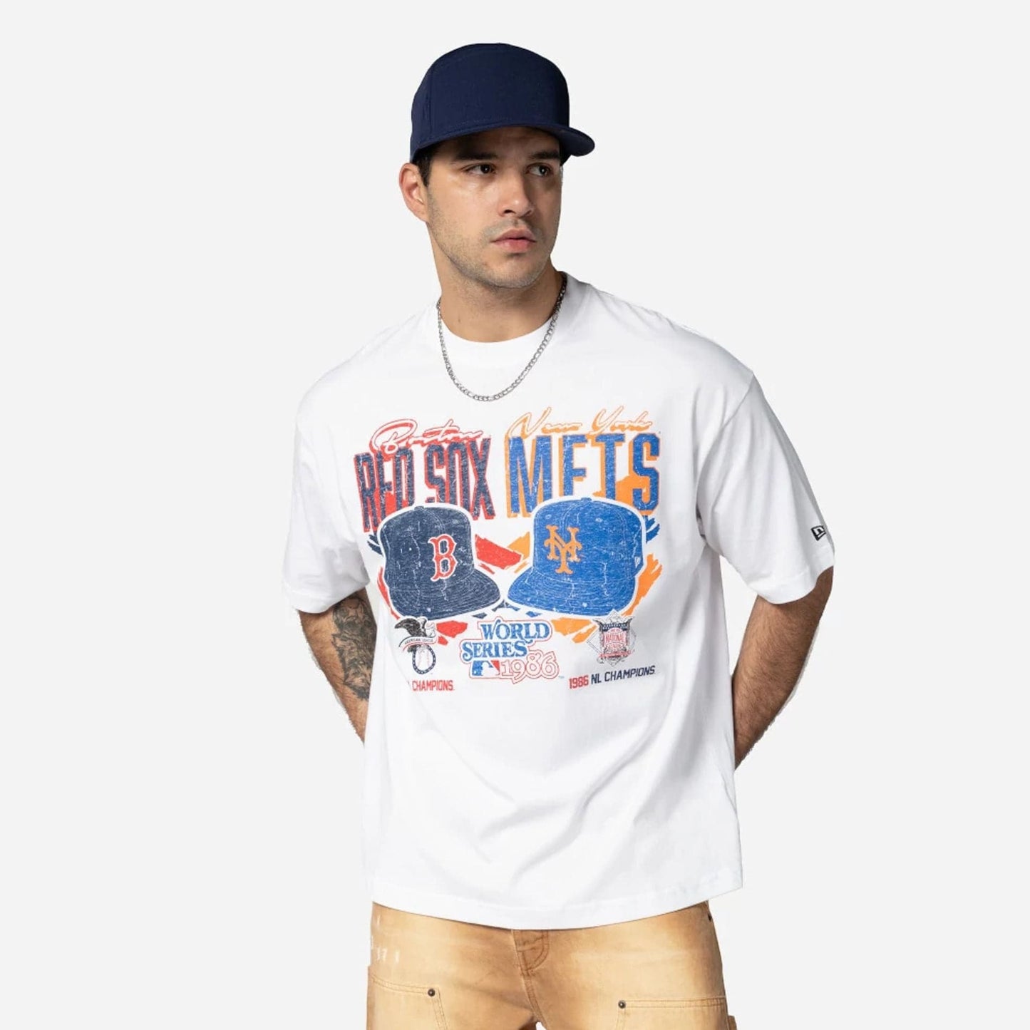 The Male model is wearing MLB Dueling Logos Boston Red Sox VS New York Mets Sport Classic White T-Shirt 1