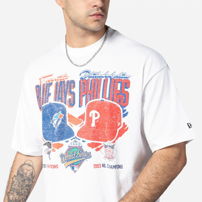 The Male model is wearing MLB Dueling Logos Toronto Blue Jays VS Philadelphia Phillies Sport Classic White T-Shirt 2