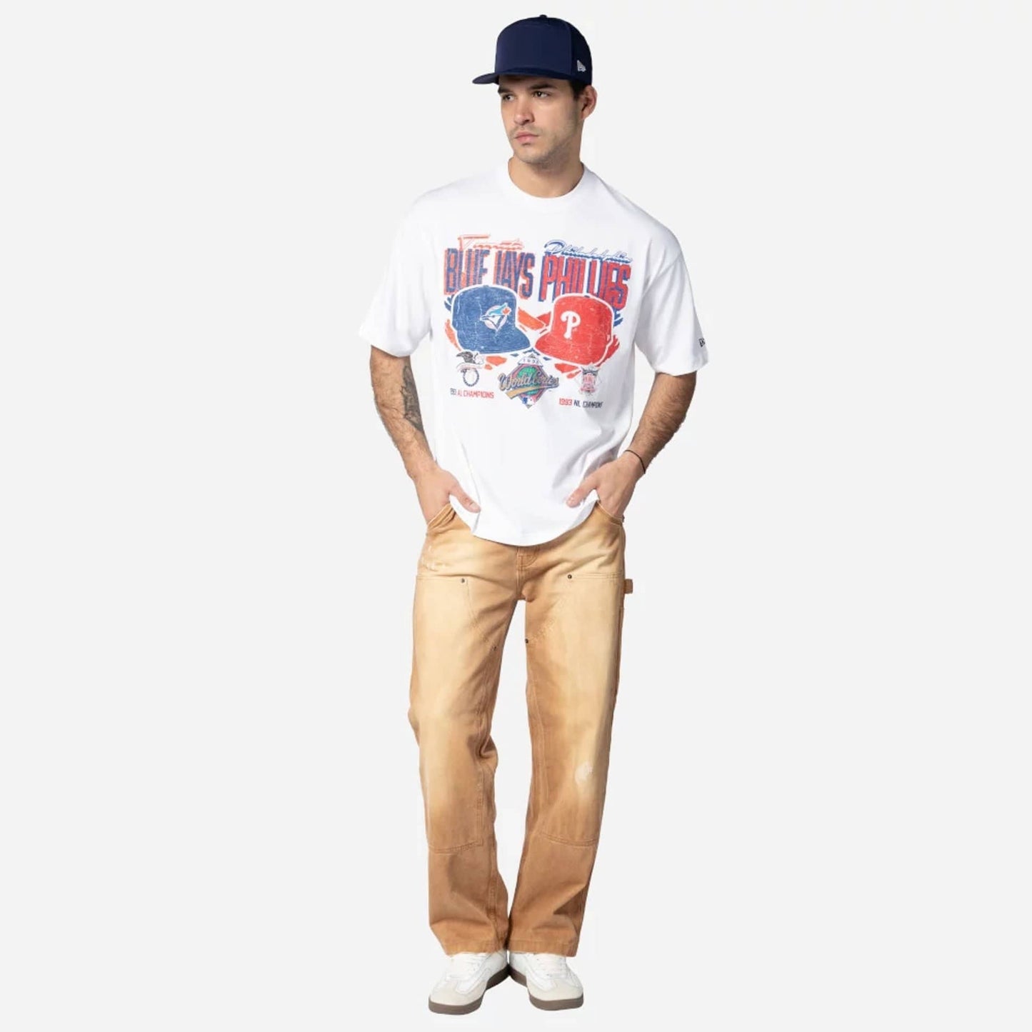 The Male model is wearing MLB Dueling Logos Toronto Blue Jays VS Philadelphia Phillies Sport Classic White T-Shirt 4