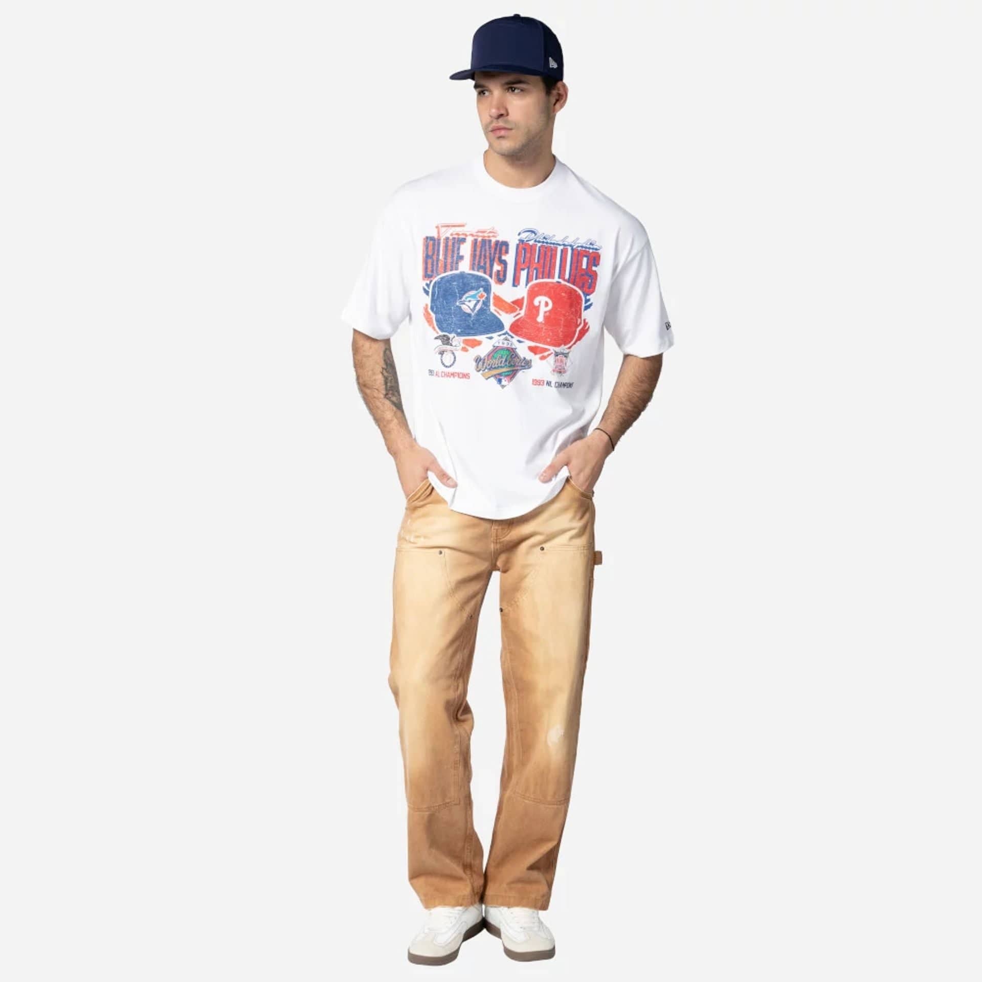The Male model is wearing MLB Dueling Logos Toronto Blue Jays VS Philadelphia Phillies Sport Classic White T-Shirt 4