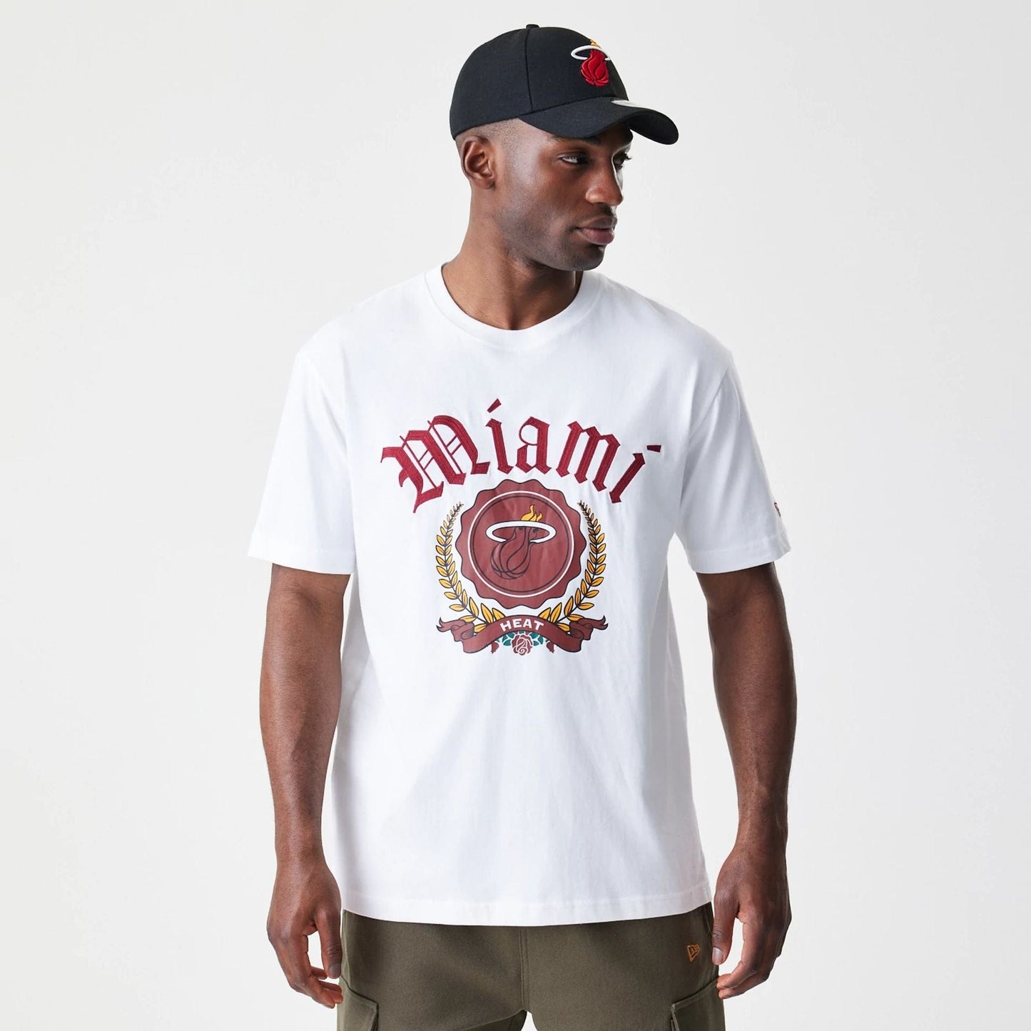 The Male model is wearing Miami Heat Throwback Prep White T-Shirt 1