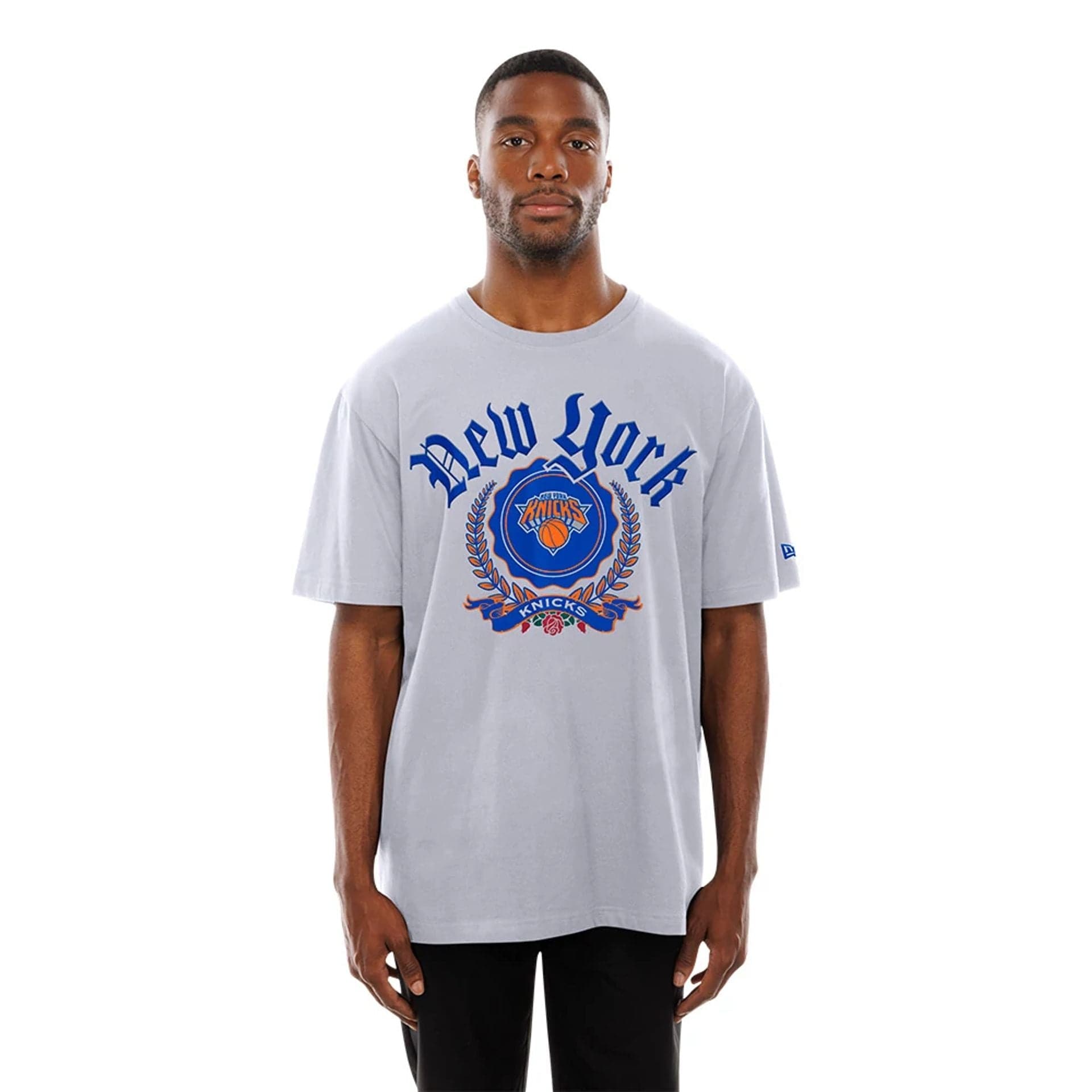 The Male model is wearing New York Knicks Throwback Prep White T-Shirt 6