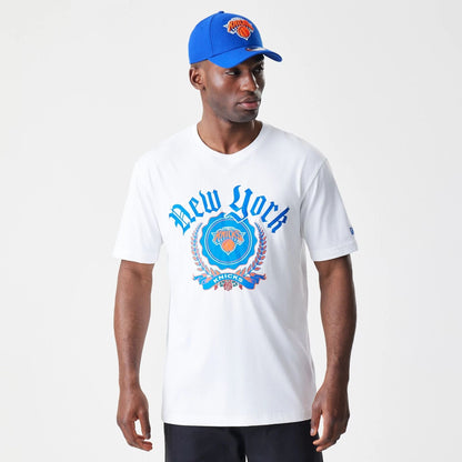 The Male model is wearing New York Knicks Throwback Prep White T-Shirt 1
