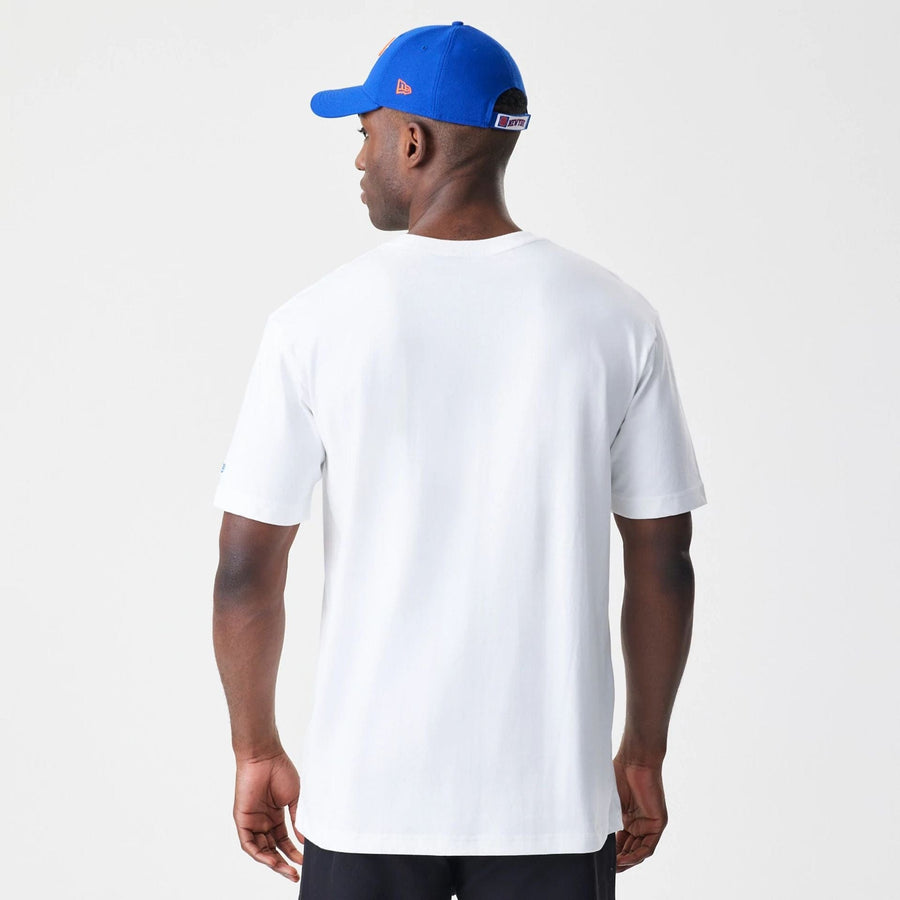 The Male model is wearing New York Knicks Throwback Prep White T-Shirt 2