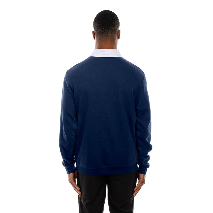 The Male model is wearing New York Yankees Throwback Prep Navy Long Sleeve Rugby Shirt 7