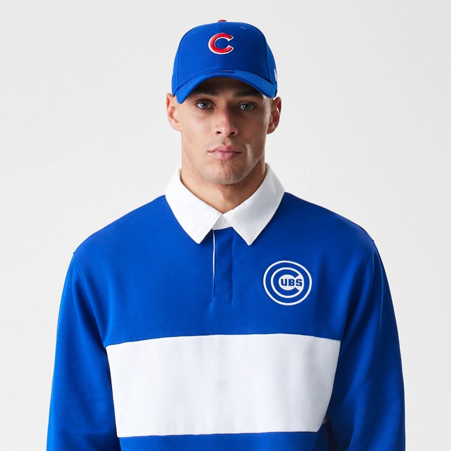 The Male model is wearing Chicago Cubs Throwback Prep Blue Long Sleeve Rugby Shirt 3