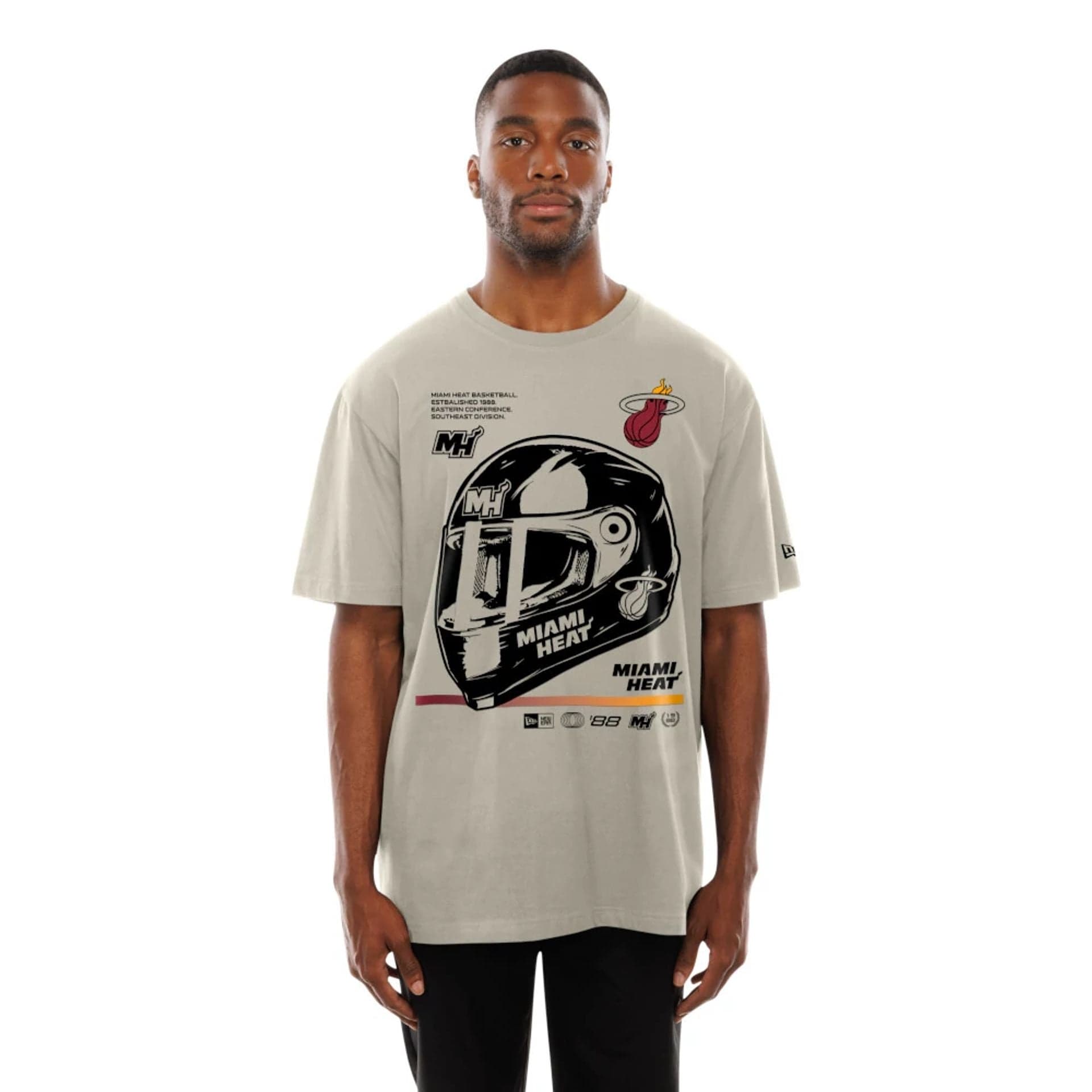 The Male model is wearing Miami Heat Modern Driver Light Beige T-Shirt 6
