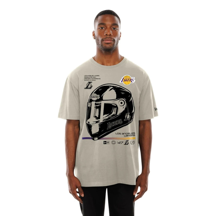The Male model is wearing LA Lakers Modern Driver Light Beige T-Shirt 6