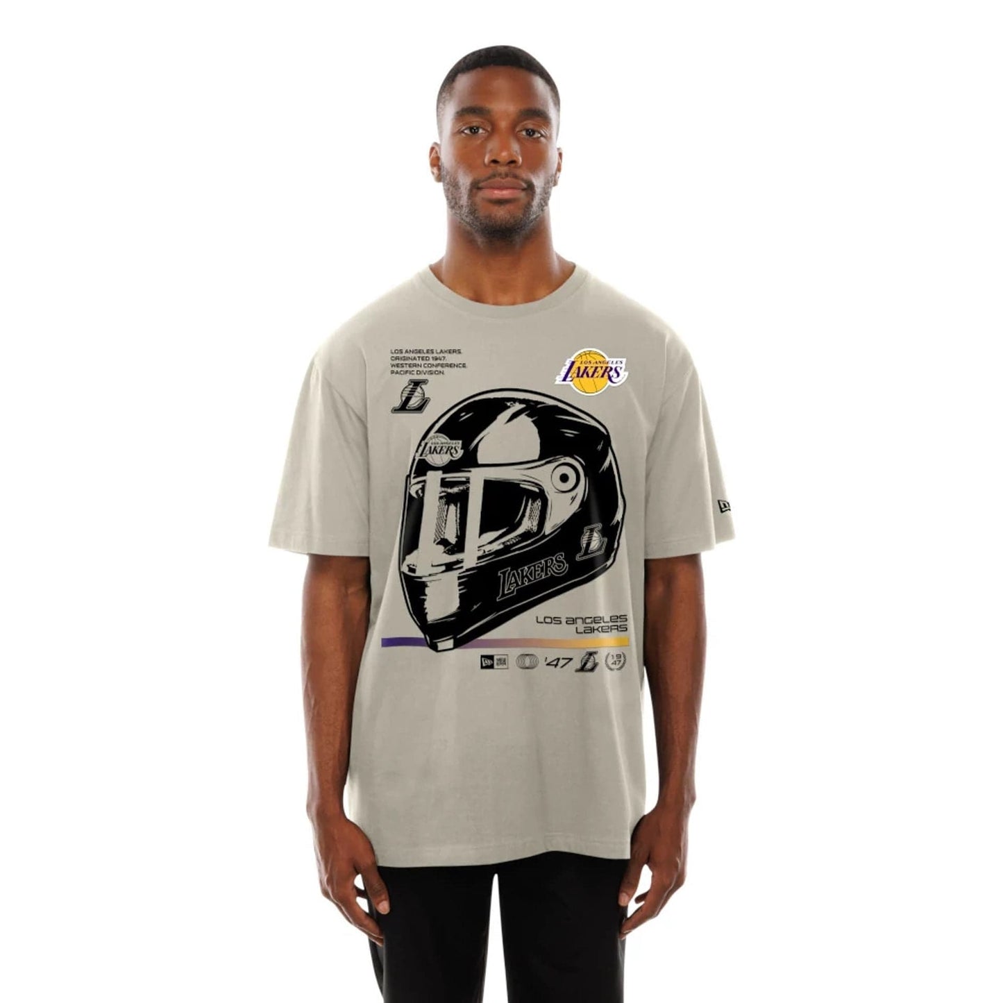The Male model is wearing LA Lakers Modern Driver Light Beige T-Shirt 6