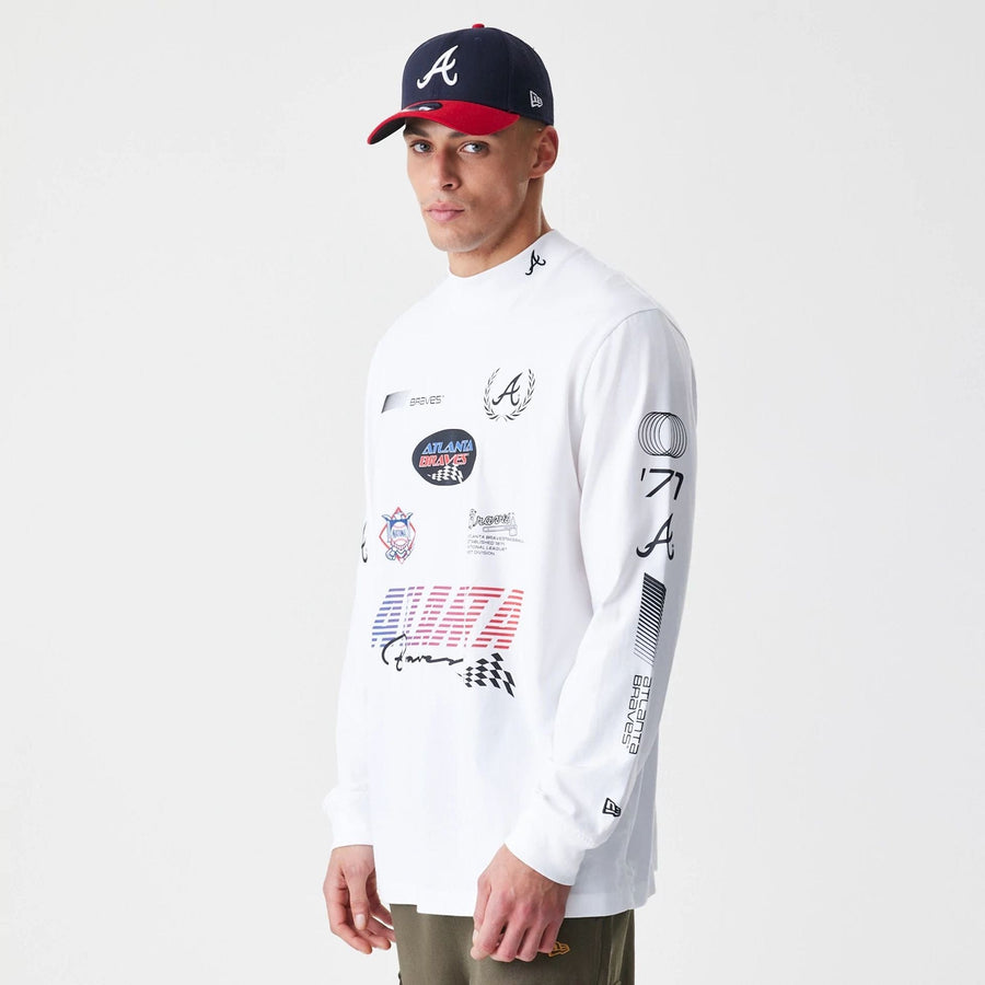 The Male model is wearing Atlanta Braves Modern Driver White Long Sleeve T-Shirt 1