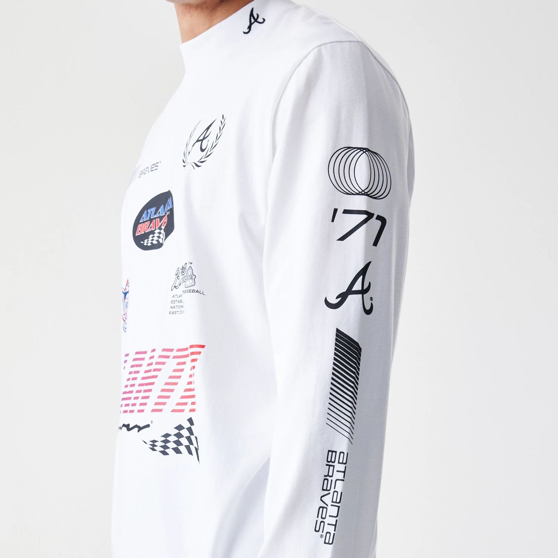 The Male model is wearing Atlanta Braves Modern Driver White Long Sleeve T-Shirt 3