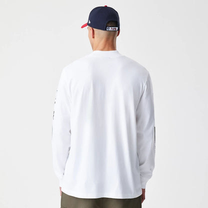 The Male model is wearing Atlanta Braves Modern Driver White Long Sleeve T-Shirt 2