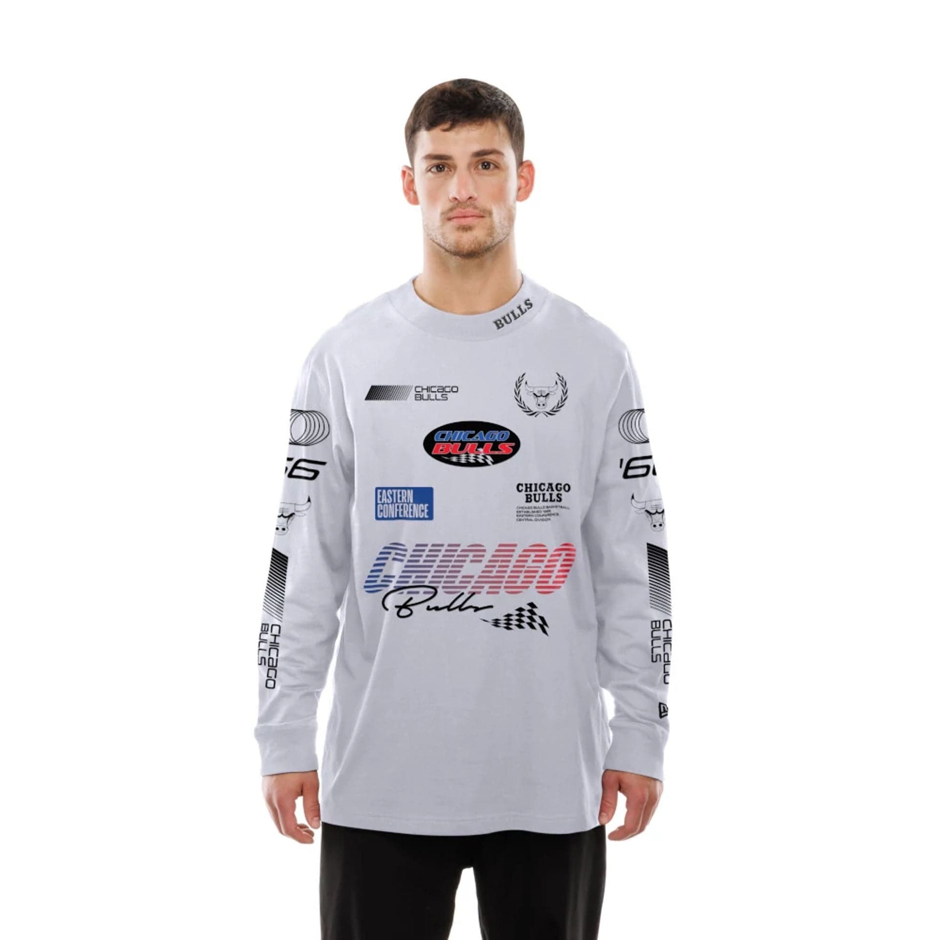 The Male model is wearing Chicago Bulls Modern Driver White Long Sleeve T-Shirt 6