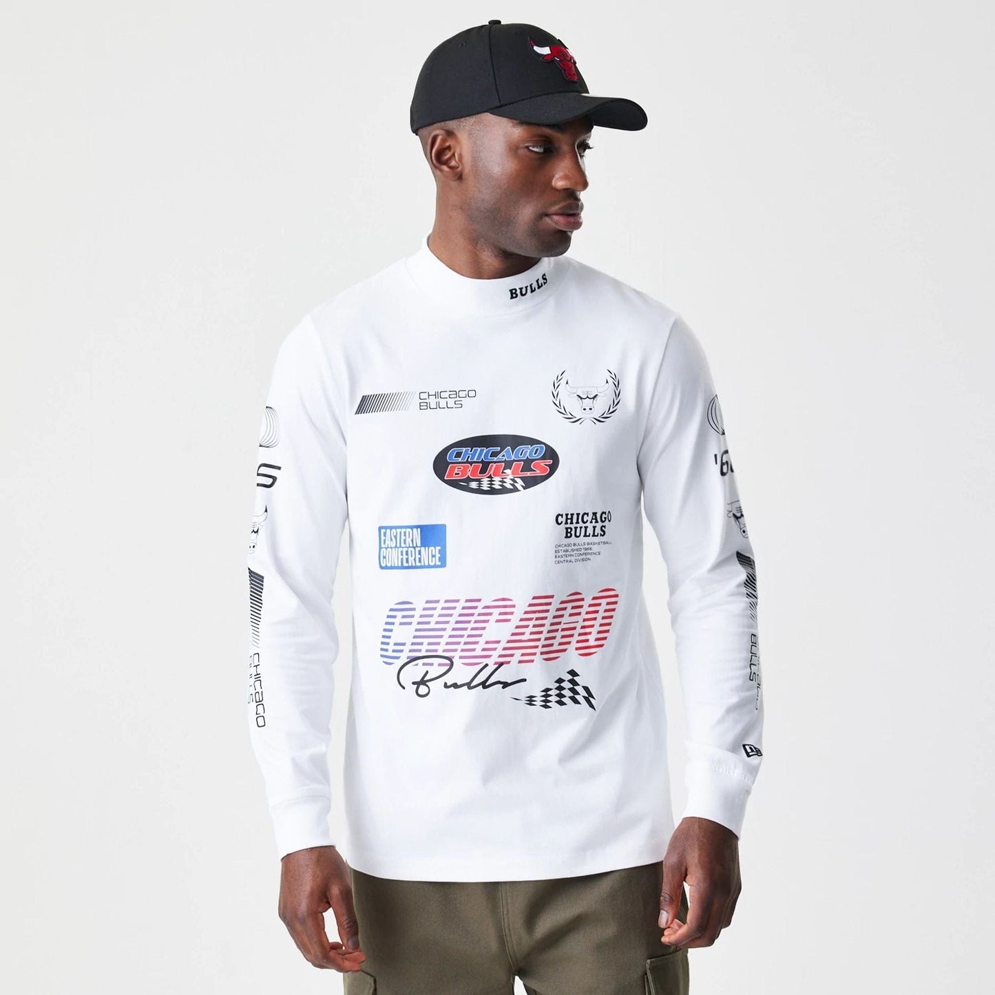 The Male model is wearing Chicago Bulls Modern Driver White Long Sleeve T-Shirt 1