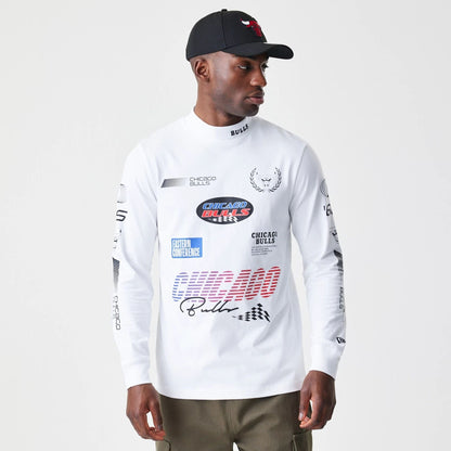 The Male model is wearing Chicago Bulls Modern Driver White Long Sleeve T-Shirt 1