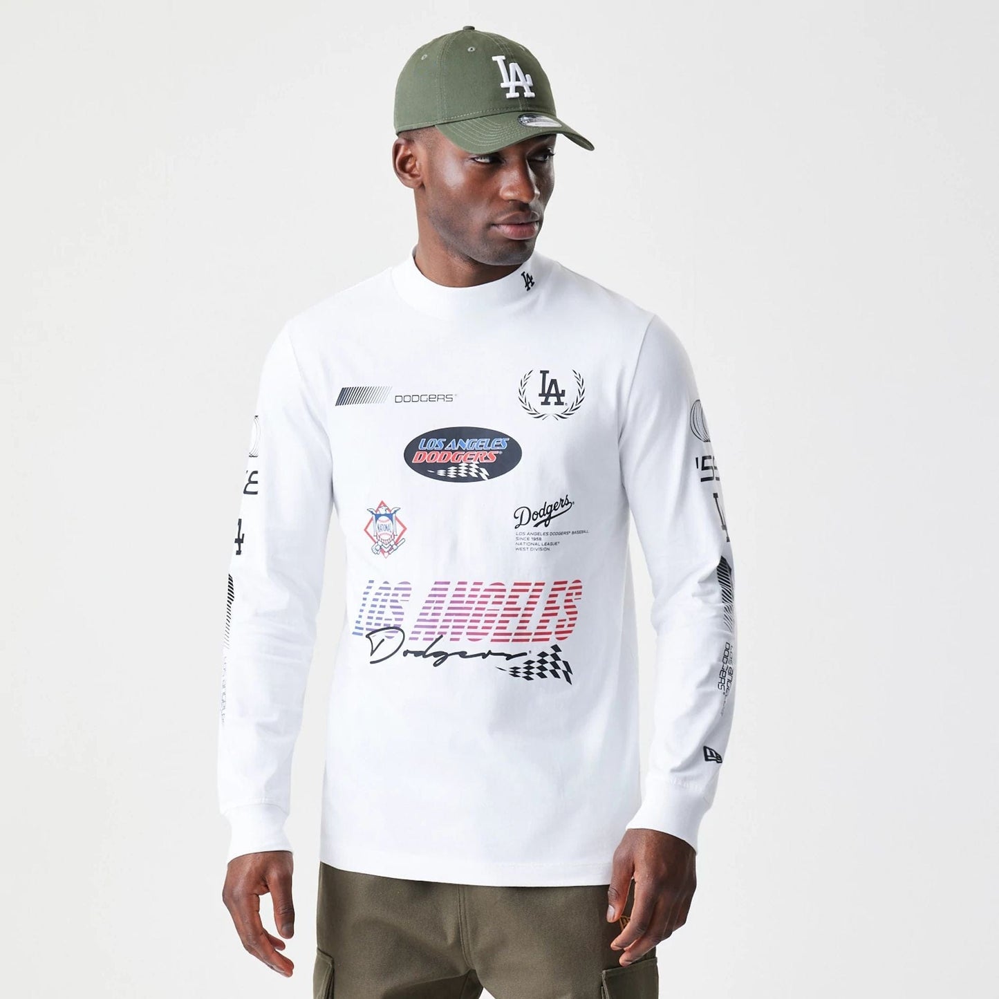The Male model is wearing LA Dodgers Modern Driver White Long Sleeve T-Shirt 1