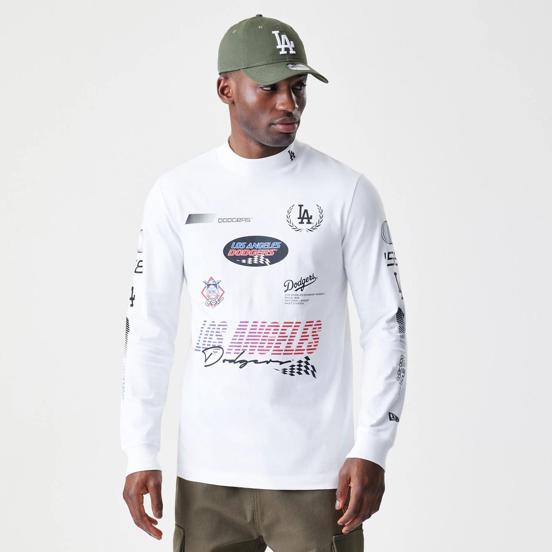 The Male model is wearing LA Dodgers Modern Driver White Long Sleeve T-Shirt 1
