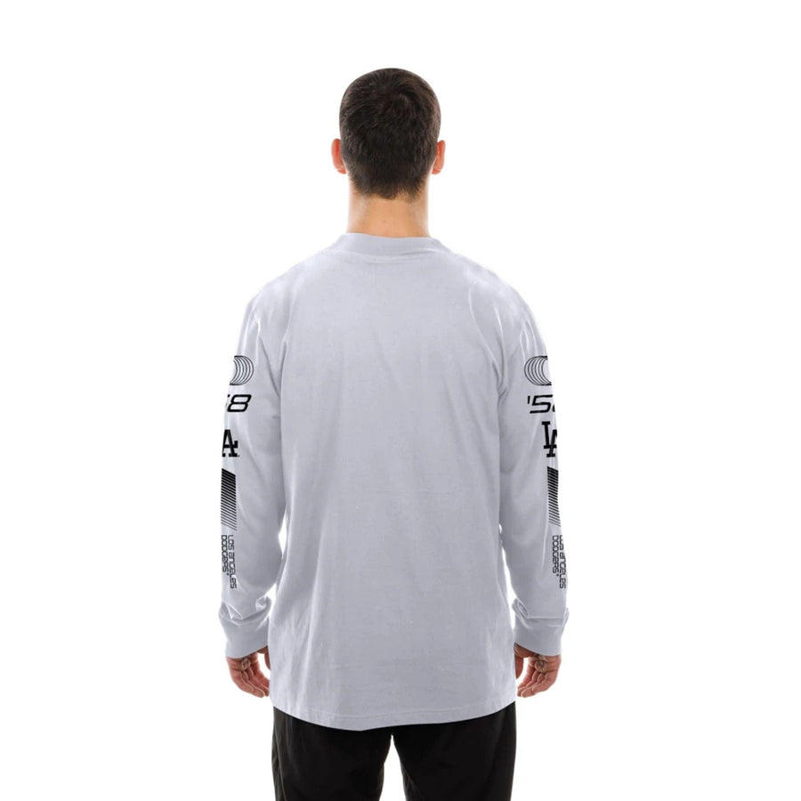 The Male model is wearing LA Dodgers Modern Driver White Long Sleeve T-Shirt 7