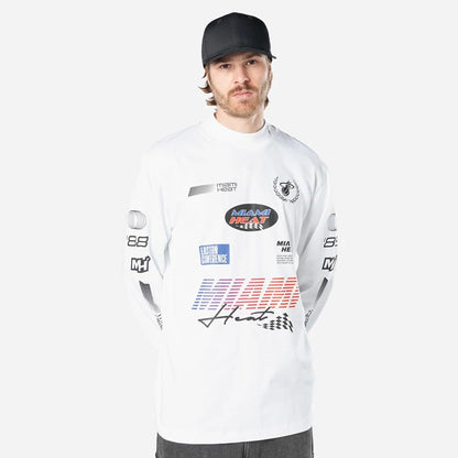 The Male model is wearing Miami Heat Modern Driver White Long Sleeve T-Shirt 1
