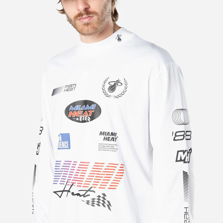 The Male model is wearing Miami Heat Modern Driver White Long Sleeve T-Shirt 2