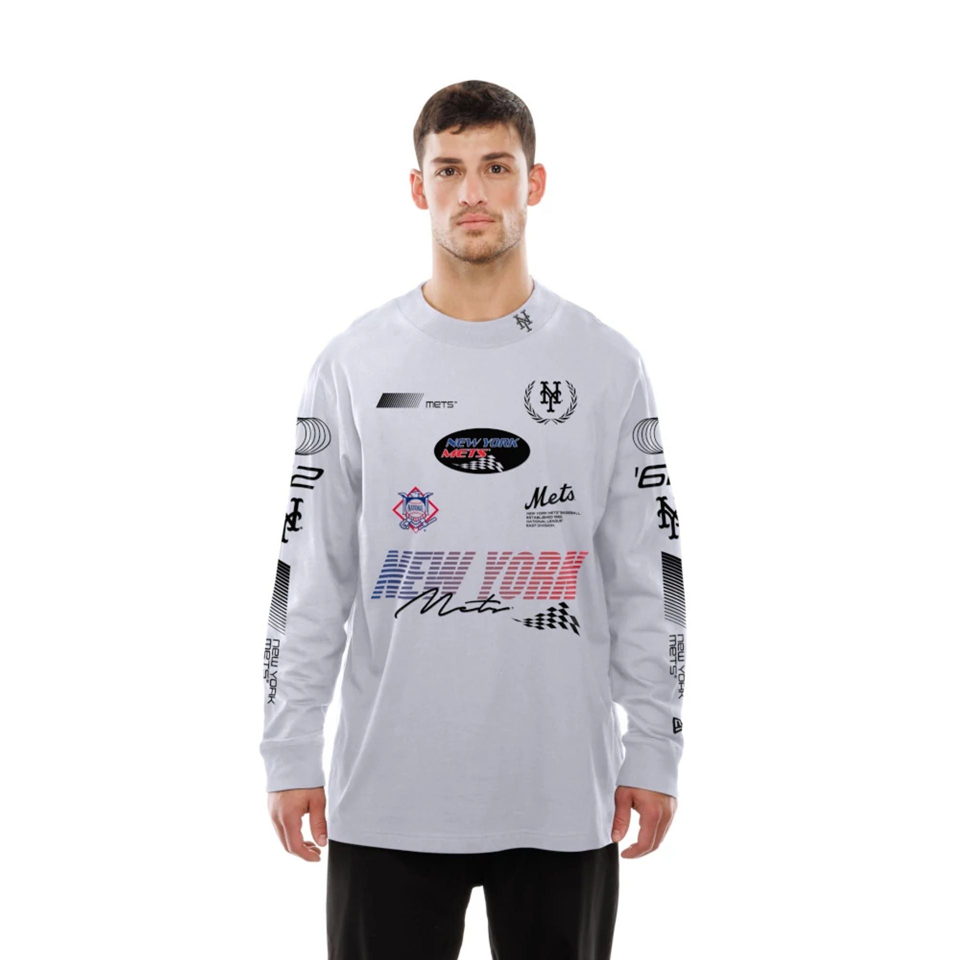 The Male model is wearing New York Mets Modern Driver White Long Sleeve T-Shirt 6