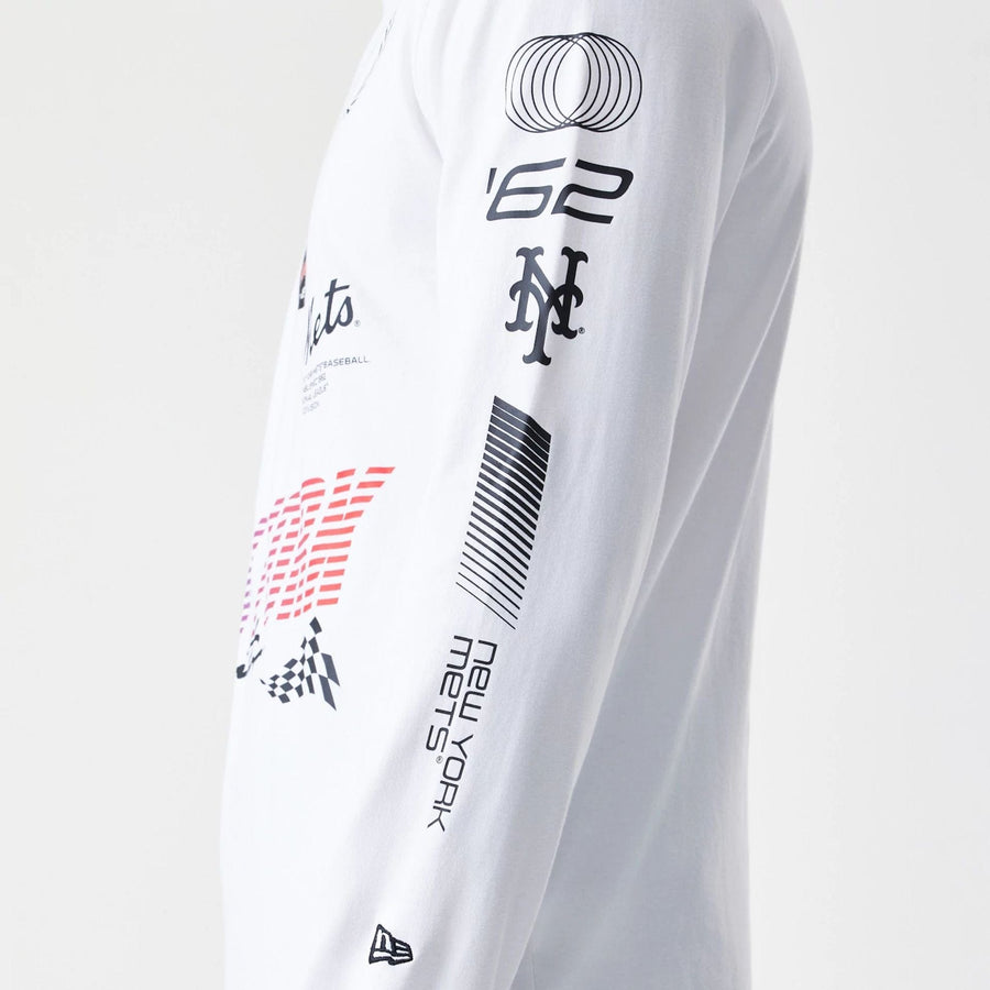 The Male model is wearing New York Mets Modern Driver White Long Sleeve T-Shirt 4
