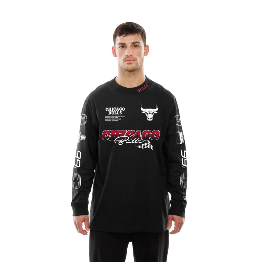 The Male model is wearing Chicago Bulls Modern Driver Black Long Sleeve T-Shirt 6