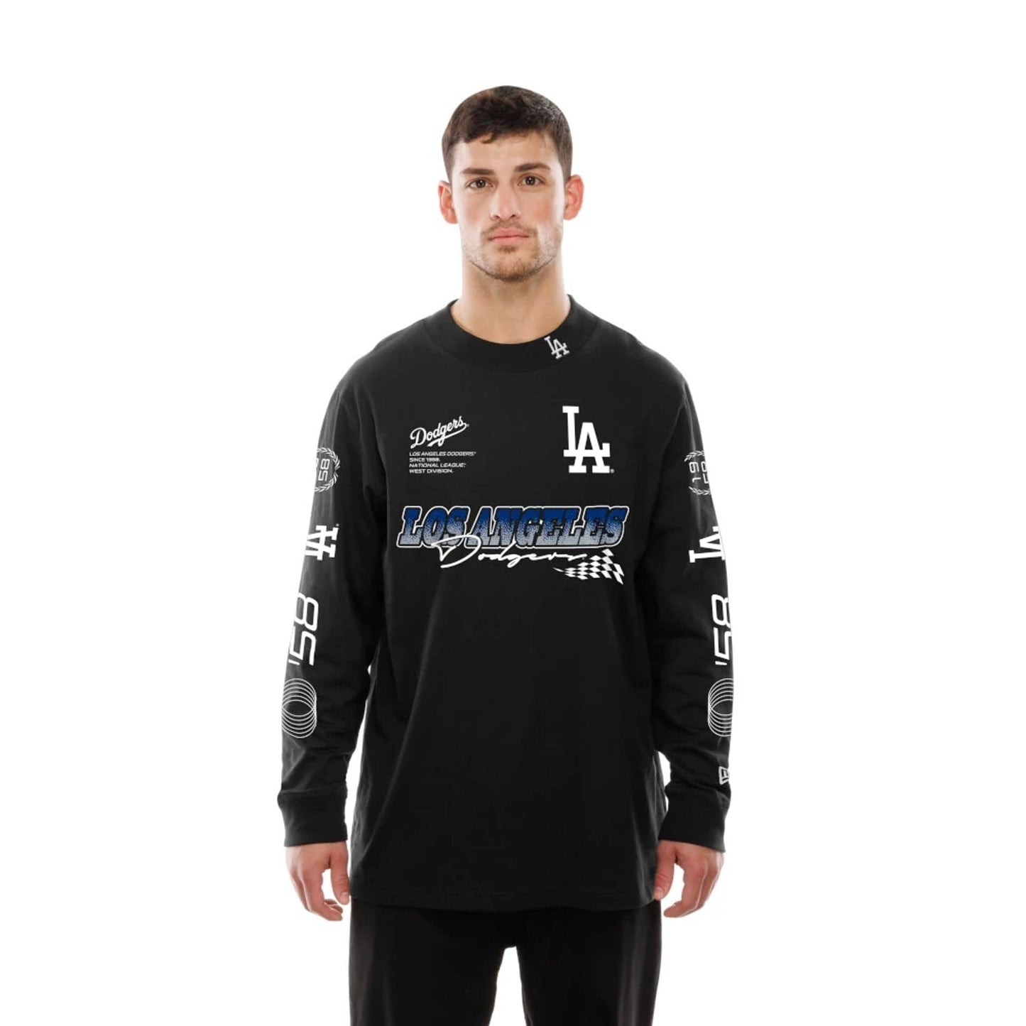 The Male model is wearing LA Dodgers Modern Driver Black Long Sleeve T-Shirt 6
