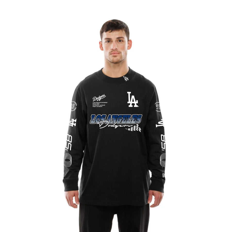 The Male model is wearing LA Dodgers Modern Driver Black Long Sleeve T-Shirt 6