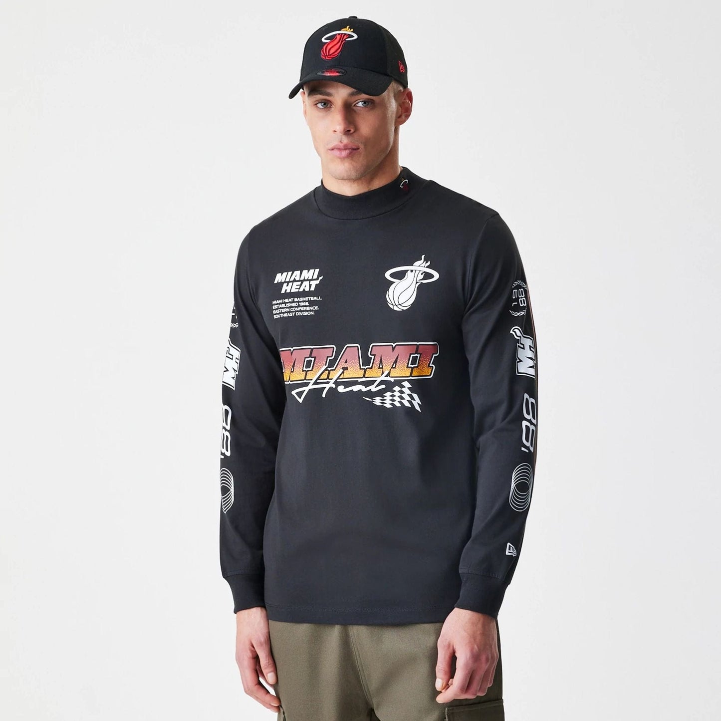 The Male model is wearing Miami Heat Modern Driver Black Long Sleeve T-Shirt 1