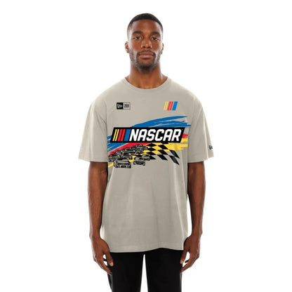 The Male model is wearing Nascar Generic Logo Modern Driver Light Beige T-Shirt 6
