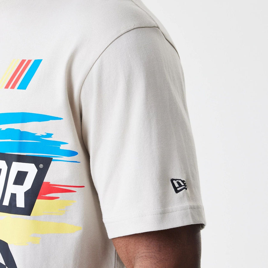 The Male model is wearing Nascar Generic Logo Modern Driver Light Beige T-Shirt 3