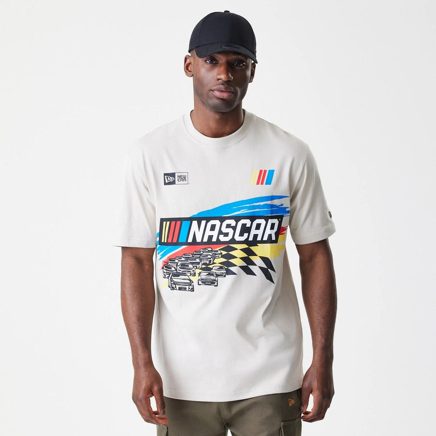 The Male model is wearing Nascar Generic Logo Modern Driver Light Beige T-Shirt 1