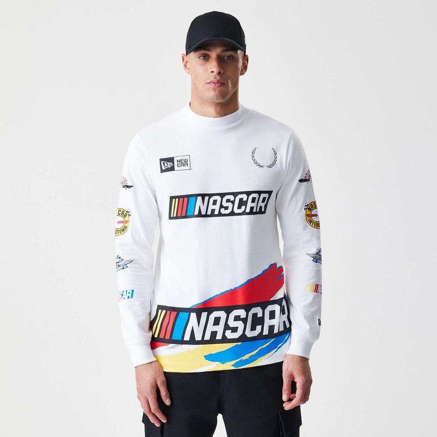 The Male model is wearing Nascar Generic Logo Modern Driver White Long Sleeve T-Shirt 1