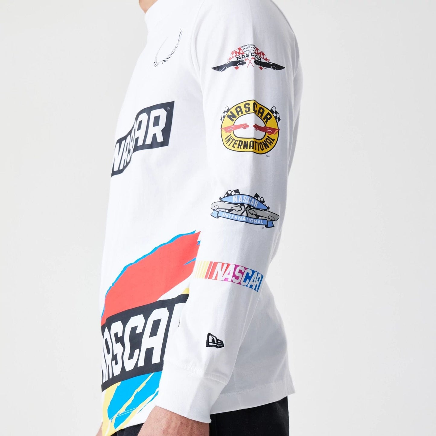 The Male model is wearing Nascar Generic Logo Modern Driver White Long Sleeve T-Shirt 3