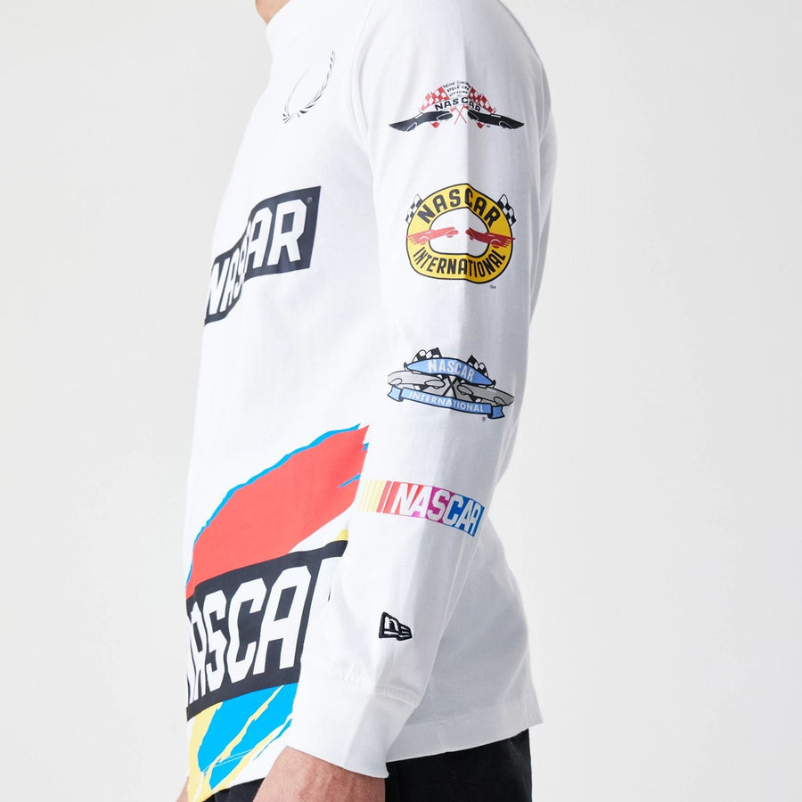 The Male model is wearing Nascar Generic Logo Modern Driver White Long Sleeve T-Shirt 3