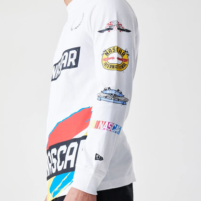 The Male model is wearing Nascar Generic Logo Modern Driver White Long Sleeve T-Shirt 3