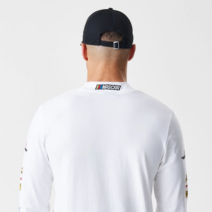 The Male model is wearing Nascar Generic Logo Modern Driver White Long Sleeve T-Shirt 5